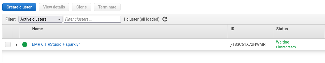 AWS EMR console indicating the successful set up of the EMR cluster.