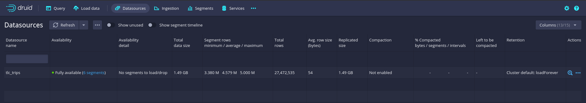 Apache Druid: Datasources console.