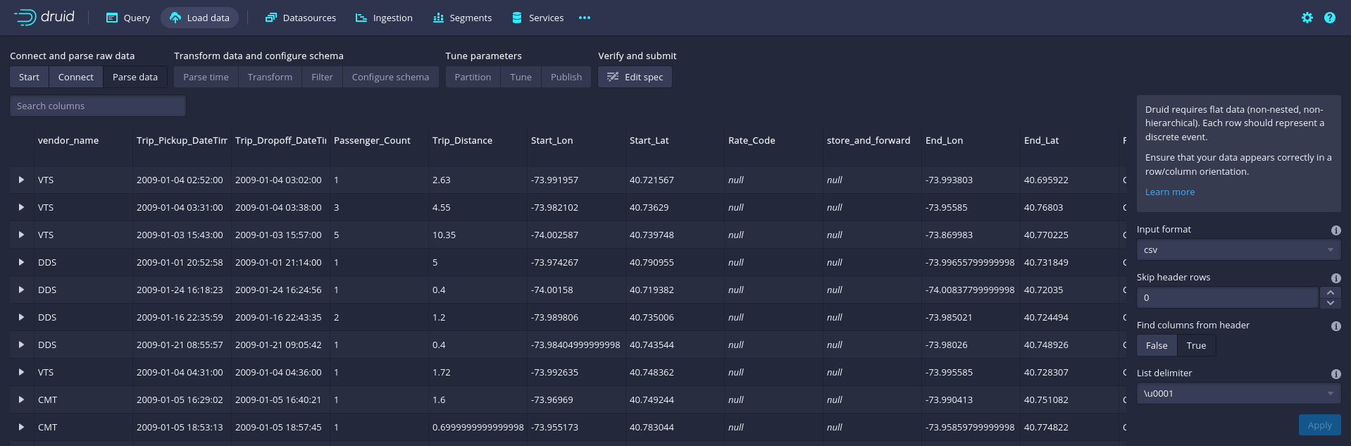 Apache Druid GUI: CSV parse menu for classic batch data ingestion.