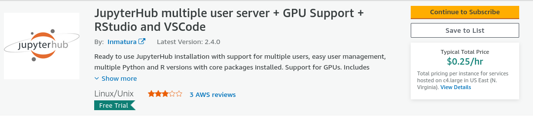 JupyterHub AMI provided by Inmatura on the AWS Marketplace to run RStudio Server with GPUs on AWS EC2.
