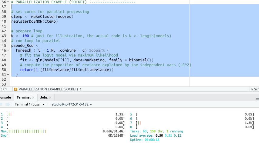 Monitor resources and processes with htop.