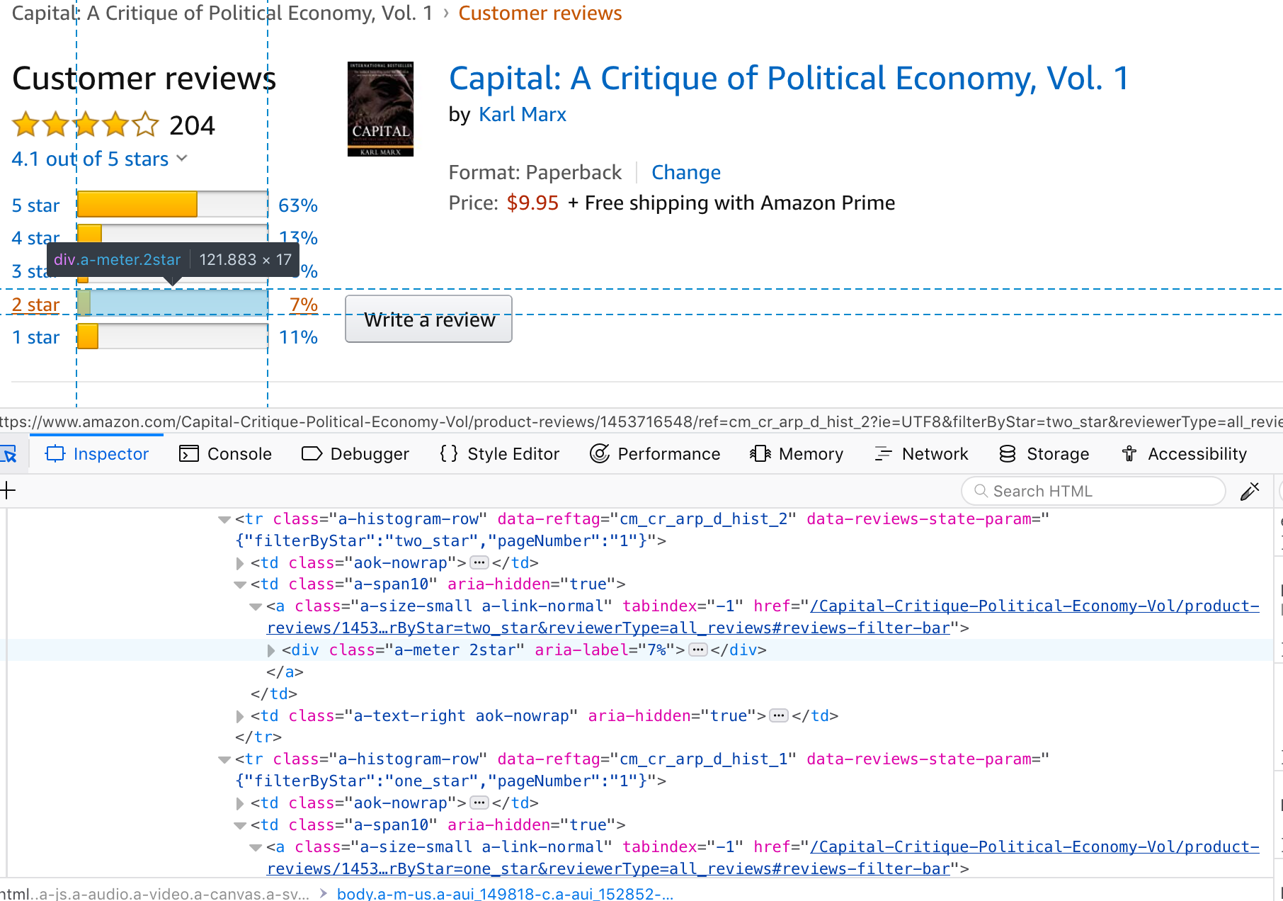 Screen shot of amazon.com product review page inspected with Firefox Developer Tools.