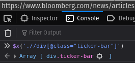 Screenshot of the Web Developer Tools’ console when extracting the bloomberg.com ticker information via XPATH.